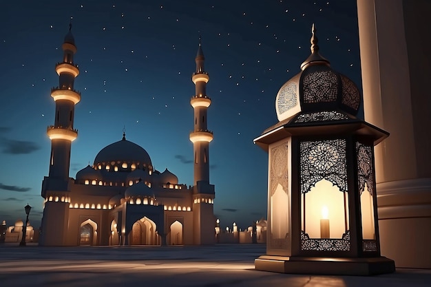 Beautiful Arabic Lantern With Mosque Moon Lights Islamic Background Ramadan Decoration