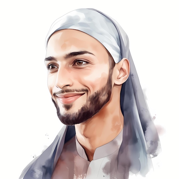 Beautiful Arabic Muslim Man Portrait Watercolor Clipart