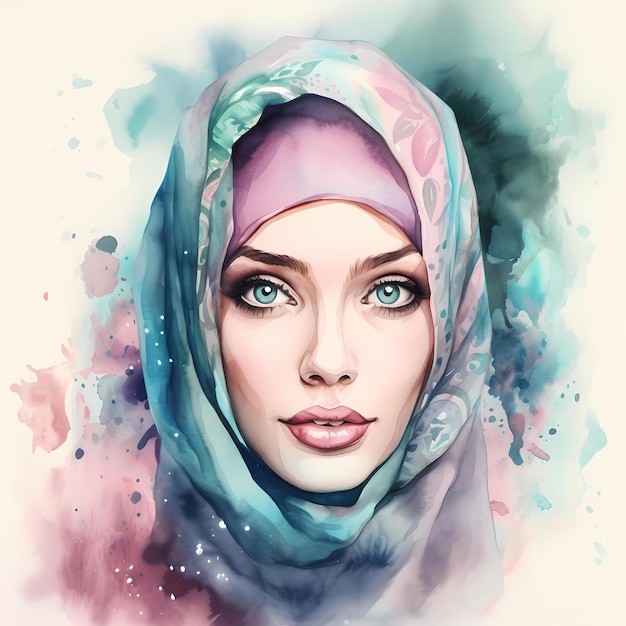 Hijab 초상화 수채화 클립 아트와 아름 다운 아랍 회교도 여자