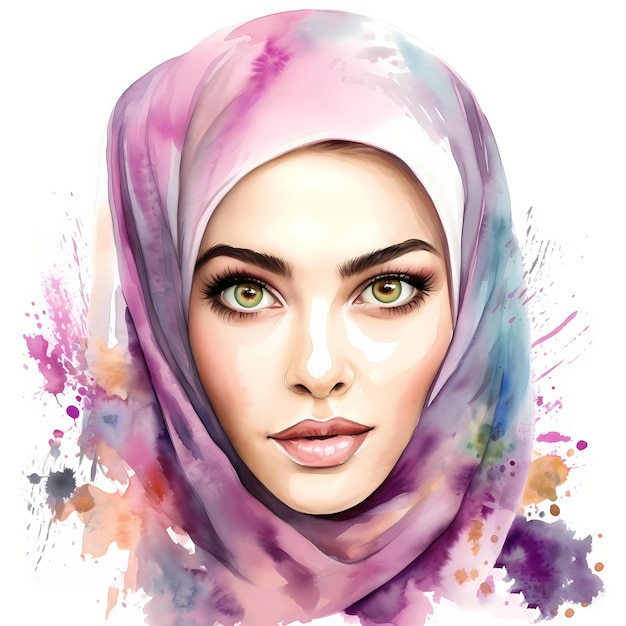 Hijab 초상화 수채화 클립 아트와 아름 다운 아랍 회교도 여자