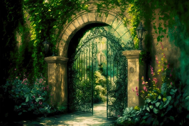 Beautiful arch in gleaming green with flowers at end of alley iron mansion gates