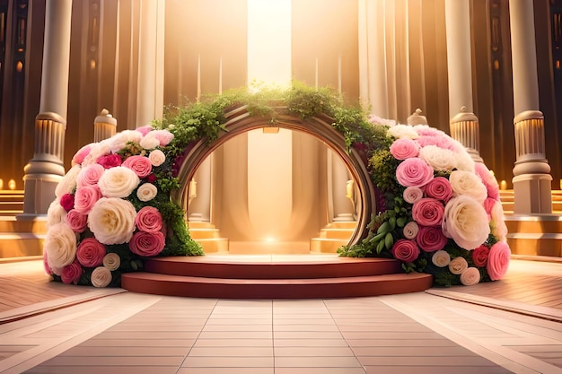 A beautiful arch with roses and greenery