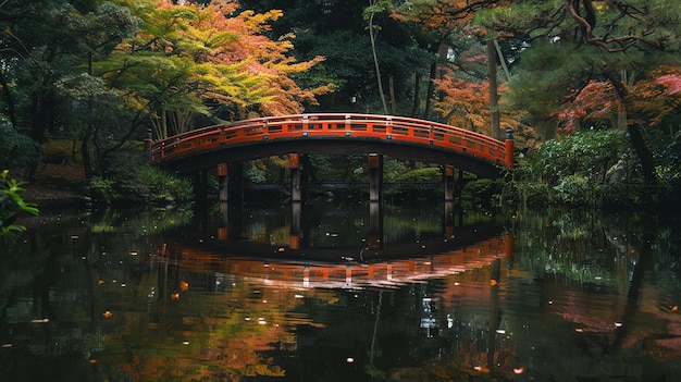 Photo a beautiful arched bridge in a tranquil japanese garden the bridge is surrounded by lush trees and shrubs and the water below is crystal clear