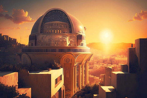 Beautiful architecture of city lying below against backdrop of setting sun city rooftop view