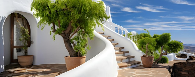 Beautiful architecture detail with white walls and green plants