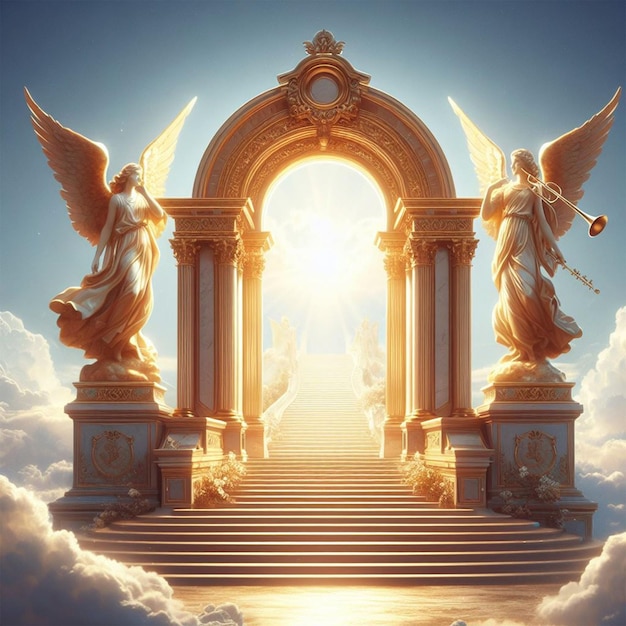 Beautiful archway to heaven with golden wings and rainbow in the sky