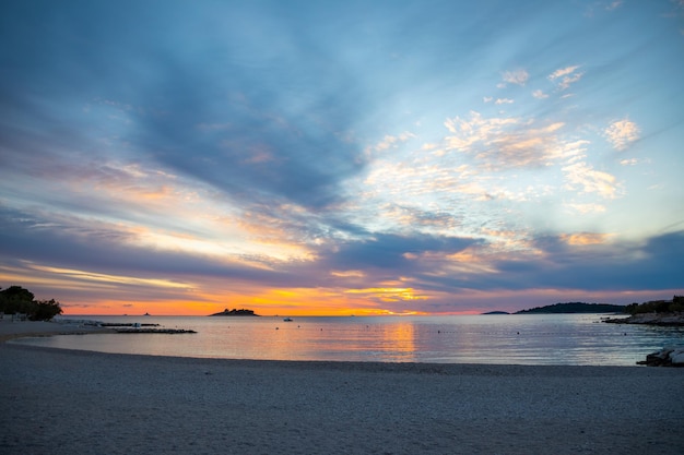 Beautiful area lozica of rogoznica town with sandy beach white architecture and fishing boats at sun...