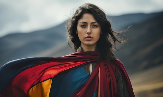 Beautiful Armenian woman in national colors against background of mountains outdoor portrait Concept of Armenian patriotism