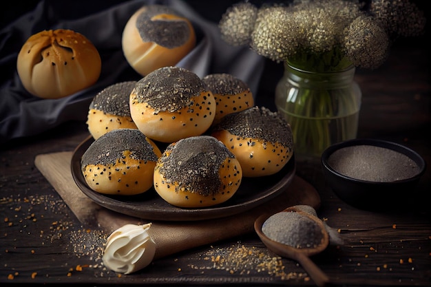 Beautiful aromatic poppy seed buns with dense layer of sesame crumble