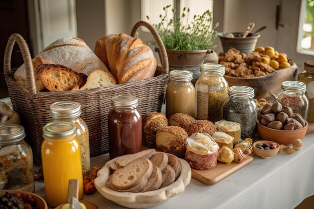 Beautiful arrangement of artisan breads and condiments for brunch spread created with generative ai