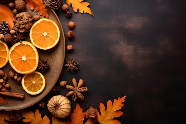 秋のテーマのアイテムの美しい配列スライスされたオレンジシナモン棒と葉の背景