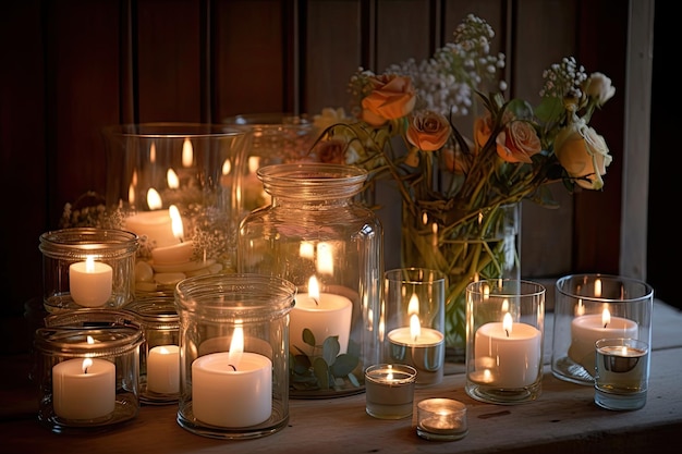 A beautiful arrangement of candles tealights and votives in glass jars