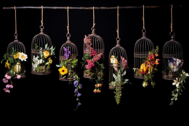 Photo beautiful arrangement with cages hanging