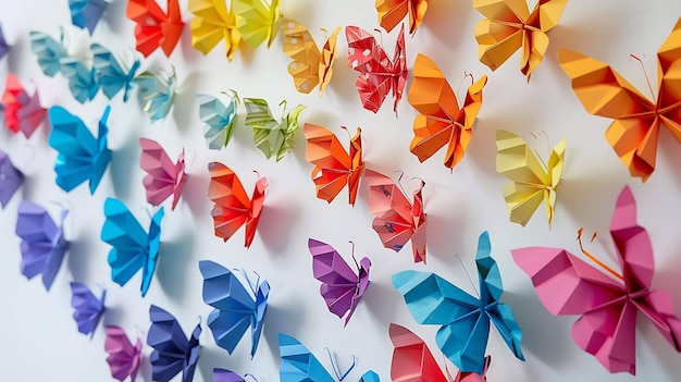 Foto una bella schiera di colorate farfalle origami di varie dimensioni adorna una semplice parete bianca creando uno spettacolo stupefacente e vibrante