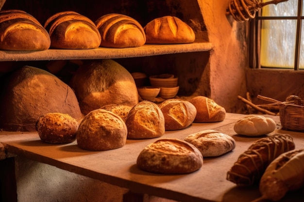 美しい手作りのパンが生成AIで作られた粘土オーブンの近くで冷却されています
