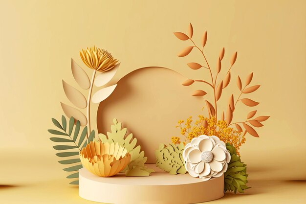 Beautiful artistic composition of 3d rendering paper flowers in pastel beige tones generative ai