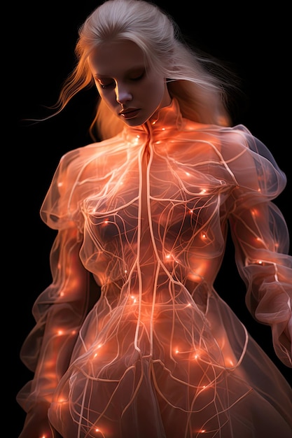 A beautiful artistic portrait image of a woman wearing translucent led silicone suit