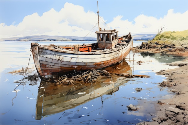 beautiful and artistic watercolor painting of boat in early morning High quality photo