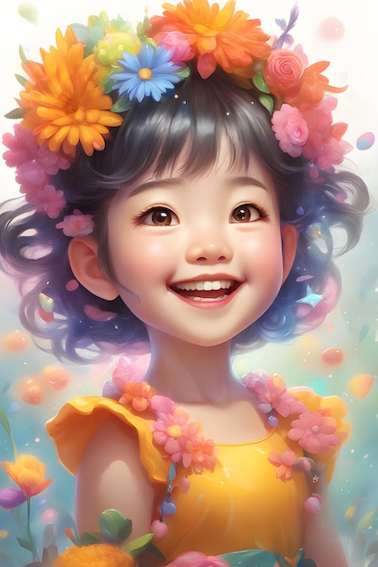 A beautiful Artwork Little Girl with Flowers in Her Hair ai generated