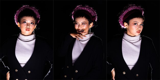 Beautiful Asian 20s Woman short hair fashion make up in turtle neck shirt looks strong to camera, wear purple pink hat, light from below and backlit in dark black background. Collage group pack