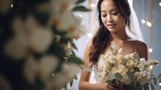 a Beautiful asian bride in a white gown cradling a bouquet of eucalyptus and white flowers