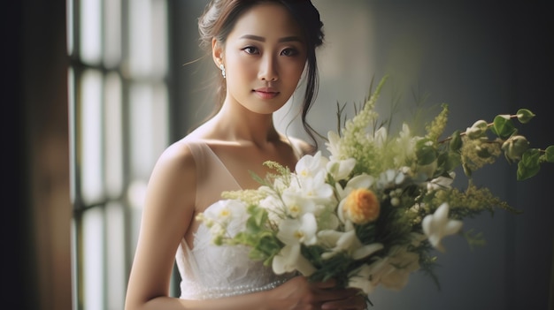 a Beautiful asian bride in a white gown cradling a bouquet of eucalyptus and white flowers