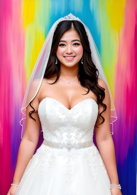 Beautiful asian bride in white wedding dress on colorful background