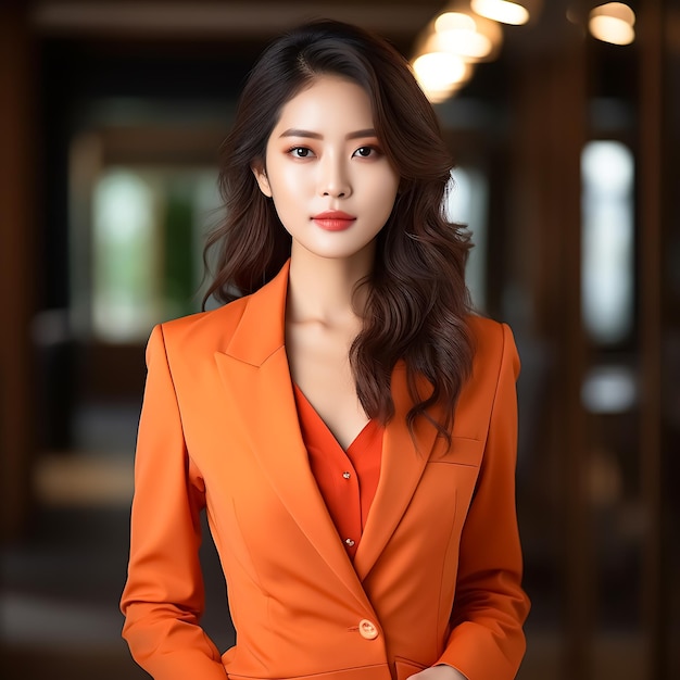 Beautiful asian businesswoman in suit smiling and looking like professional at camera