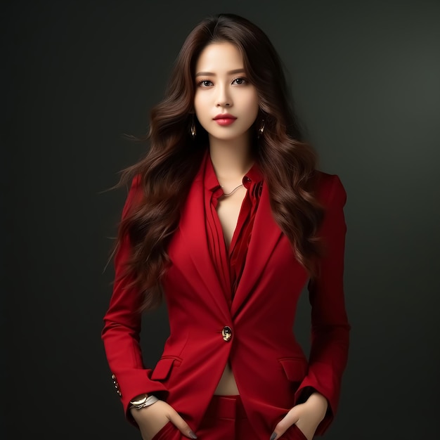 Beautiful asian businesswoman in suit smiling and looking like professional at camera