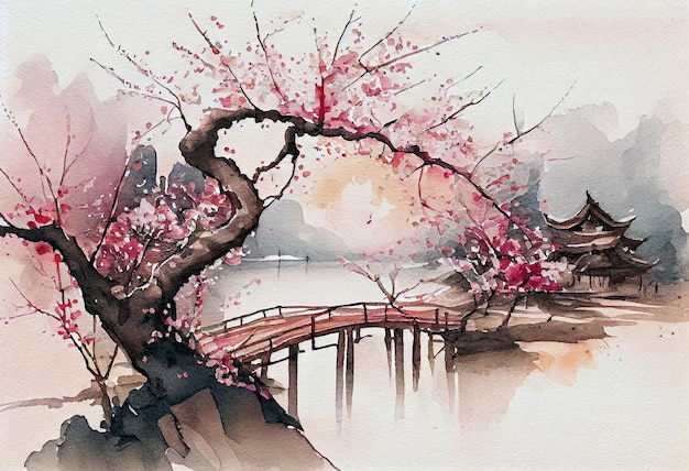 Beautiful asian cherry blossom scene Watercolor hand drawing Generative ai