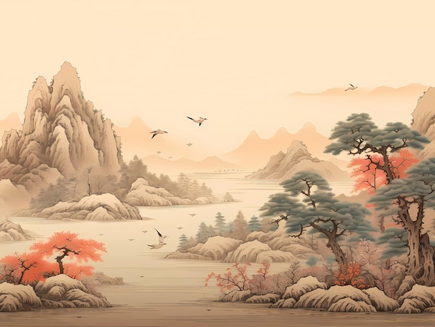 A beautiful asian chinese art painting Blossoming gardens trees and birds Beautiful asian landscape with mountains and river