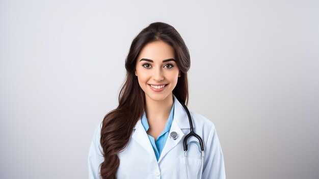 Beautiful Asian Doctor Lady pointing with hand on copy space studio shot Isolated on a gray backgr