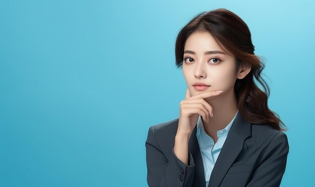 Beautiful asian employee isolated on blue background