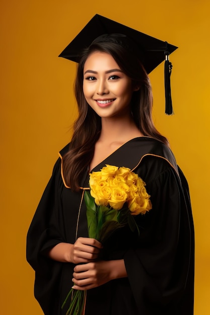 美しいアジアの女性卒業生は黒いガウンと黄色のタッセルを着て卒業証書を持っています