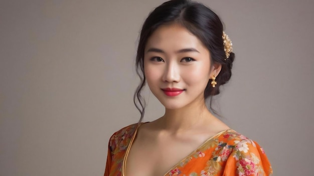 Beautiful asian female model standing in dress cross arms on chest and smiling at camera standing ov