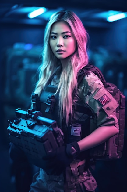 아름다운 아시아 여성 개인 군사 계약자 긴 금발 머리카락