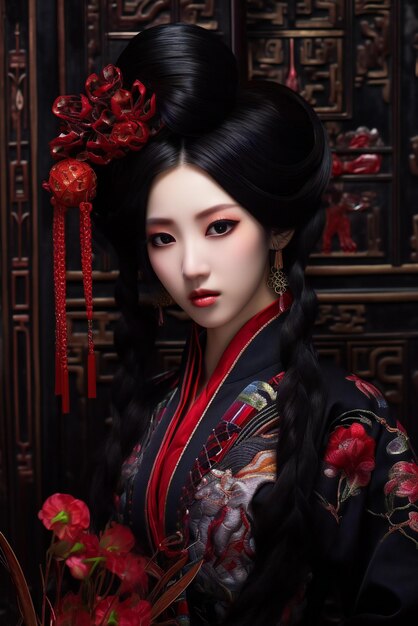 Beautiful asian geisha in traditional kimono with red flowers