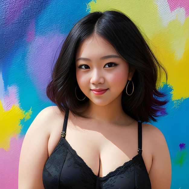 Beautiful asian girl in black lingerie on a colorful background