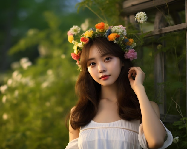 Beautiful asian girl in flower garden