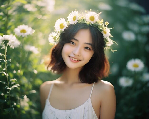 Beautiful asian girl in flower garden