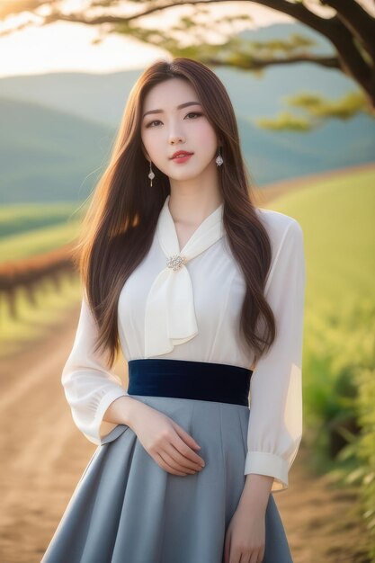 A beautiful Asian girl in gray clothes on countryside background at sunrise