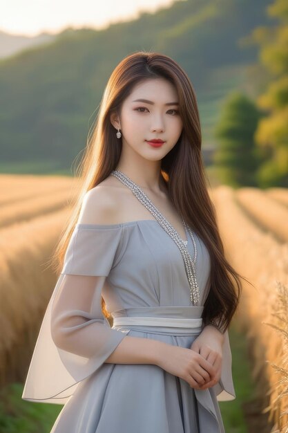 A beautiful asian girl in gray clothes on countryside background at sunrise