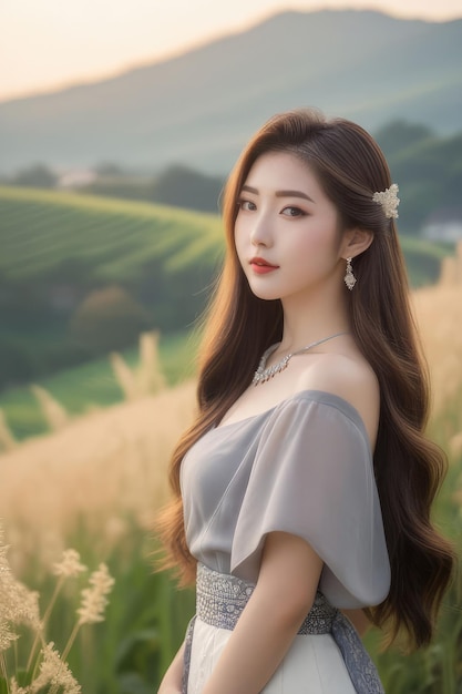 Красивая азиатская девушка в серой одежде на сельском фоне на рассвете