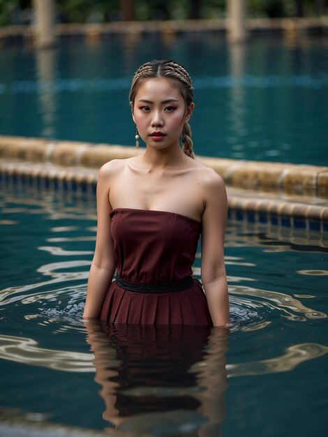 Красивая азиатская девушка в коричневом платье, стоящая до талии в чистом спокойном бассейне.