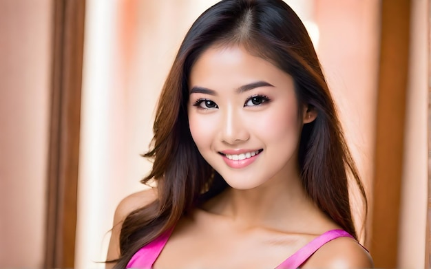 분홍색 옷을 입은 아름다운 아시아 소녀