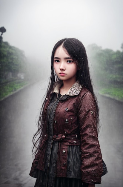 雨の中でレインコートを着た美しいアジアの女の子 生成 AI