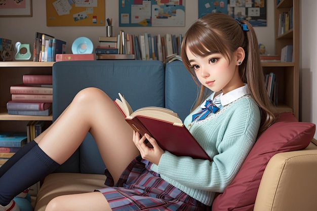 美しいアジアの女の子が自宅のリビング ルームのソファで本を読んで