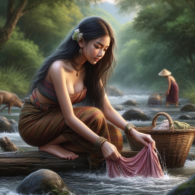 beautiful asian girl in the river washing clothes