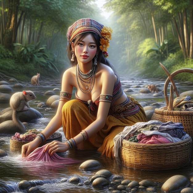 beautiful asian girl in the river washing clothes