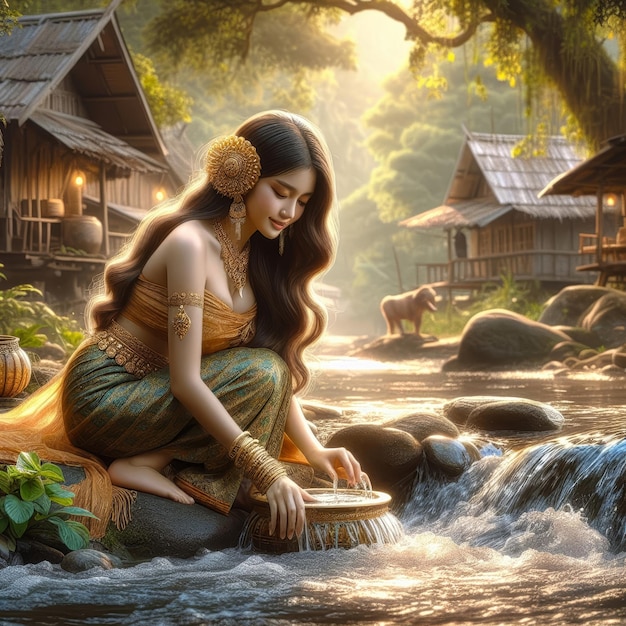 beautiful asian girl in the river washing clothes